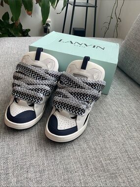 Lanvin men’s  White and Navy Chunky Low-Top Sneakers (Rep’s)